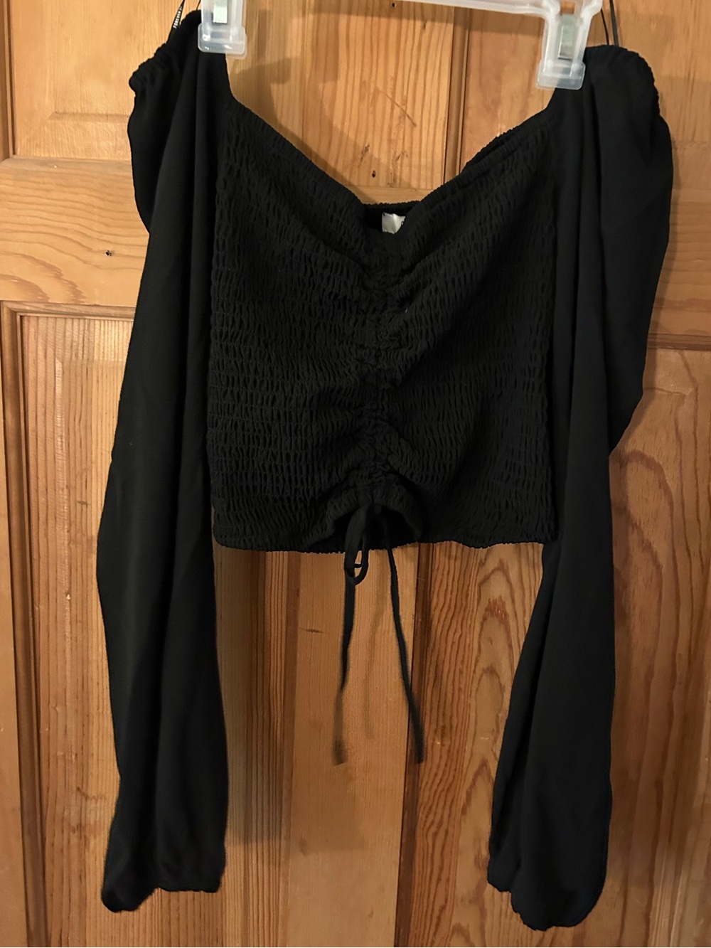 Forever 21 Black Off-Shoulder Smocked Crop Top with Ruched Tie